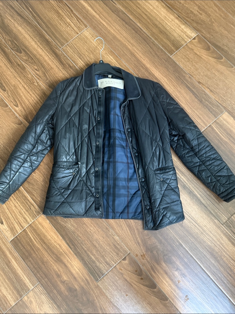 Burberry Black Quilted Lightweight Shirt Jacket with Blue Plaid Lining